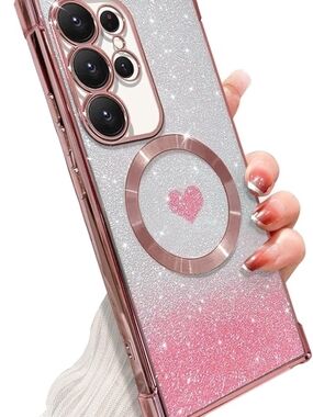 Glitter Pink Heart Magnetic Ring Phone Case For SAMSUNG Galaxy S22 Ultra ONLY